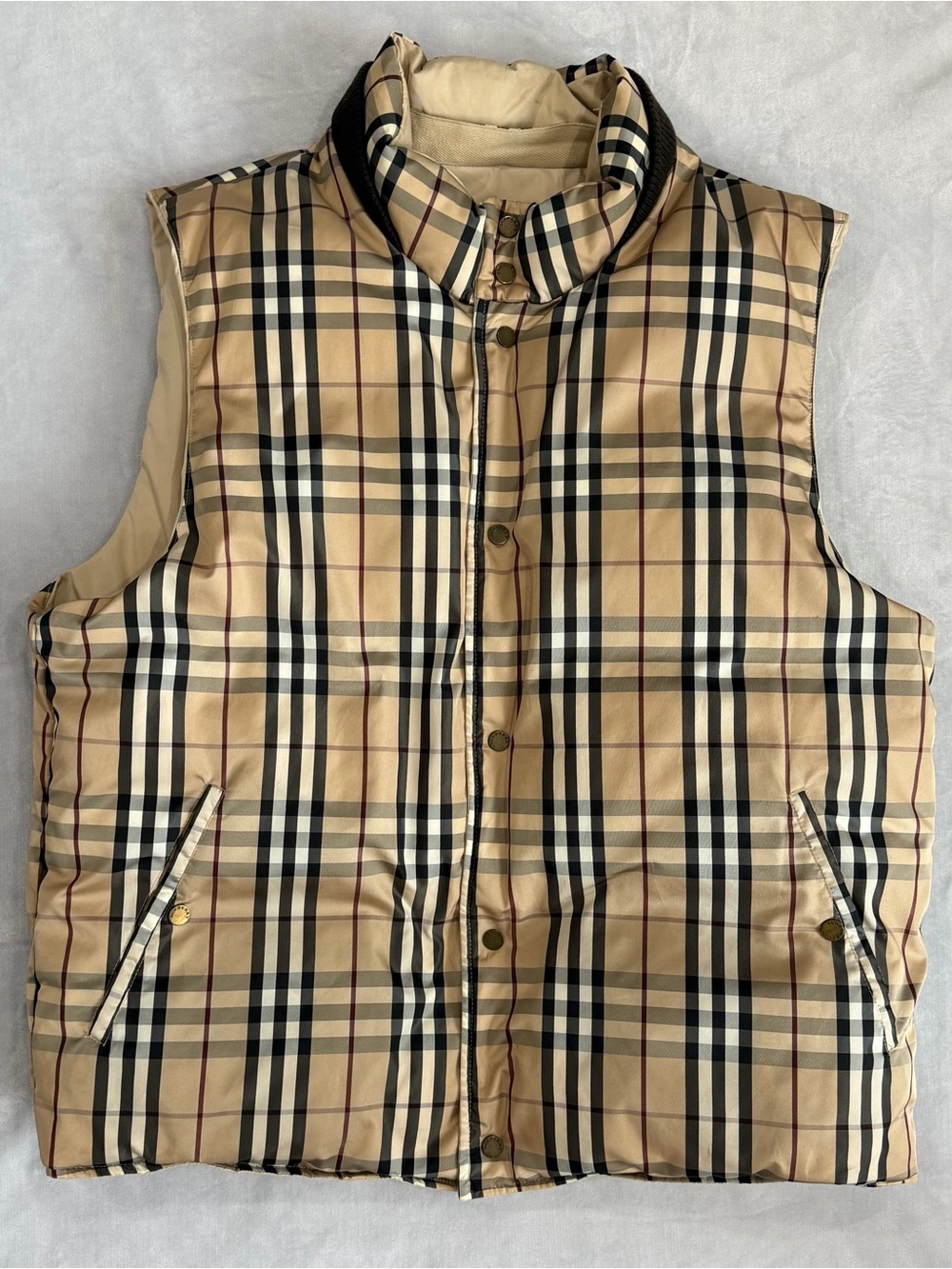 Burberry Beige, Black and Burgundy Classic Check Reversible Quilted Vest